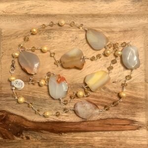 Hand Crafted Agate and Pearl Necklace in Cream, Gold, and Tan